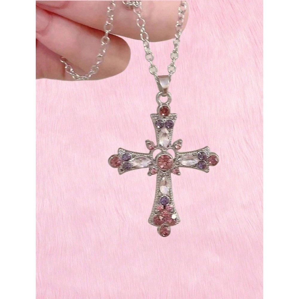 5/$15 🩷 MUST BUNDLE Silver Cross Pendant Necklace with Pink & Purple Crystals